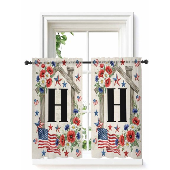 Years Anniversary Tier Curtains 45 Inch Length,Sheer Curtains for Bedroom Living Room USA Patriotic Flag Monogram Letter H Short Kitchen Curtains Drapes for Small Half Window 27.5"x45" 2 Panels