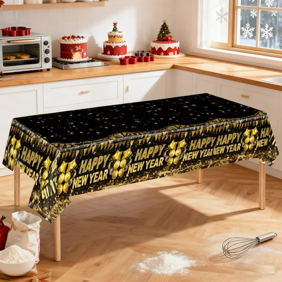 Years Eve Tablecloth, Disposable Plastic Party Tablecloth, Black Gold Happy 2026 Table Cover Supplies(B)