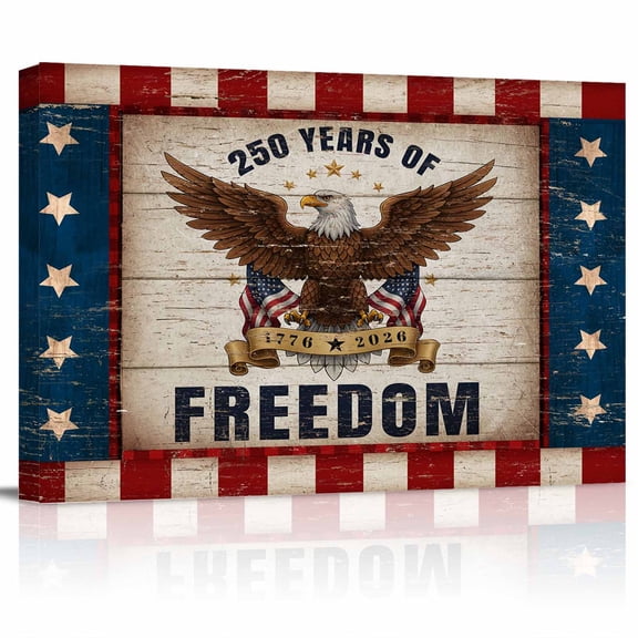 Years of Freedom Canvas Print Wall Art 4th of July Eagle Usa Flag Star Stripe Wood Pictures Painting Morden Artwork for Living Room Bedroom, Ready to Hang - 12"x16"