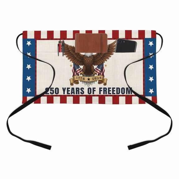 Years of Freedom Kitchen Restaurant Half Waist Apron, 4th of July Bald Eagle Usa Flag Star Stripe Server Short Apron with 3 Pockets Waterproof Oil Waist Aprons for Women Waitress Waiter