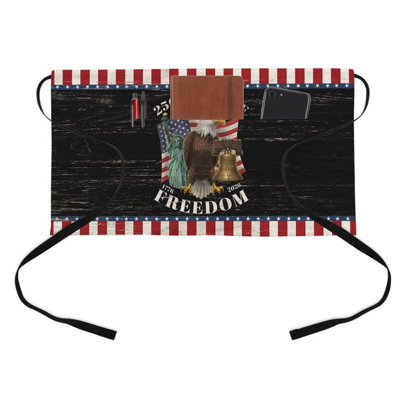 Years of Freedom Kitchen Restaurant Half Waist Apron, Independence Day America Flag Eagle Bell Server Short Apron with 3 Pockets Waterproof Oil Waist Aprons for Women Waitress Waiter