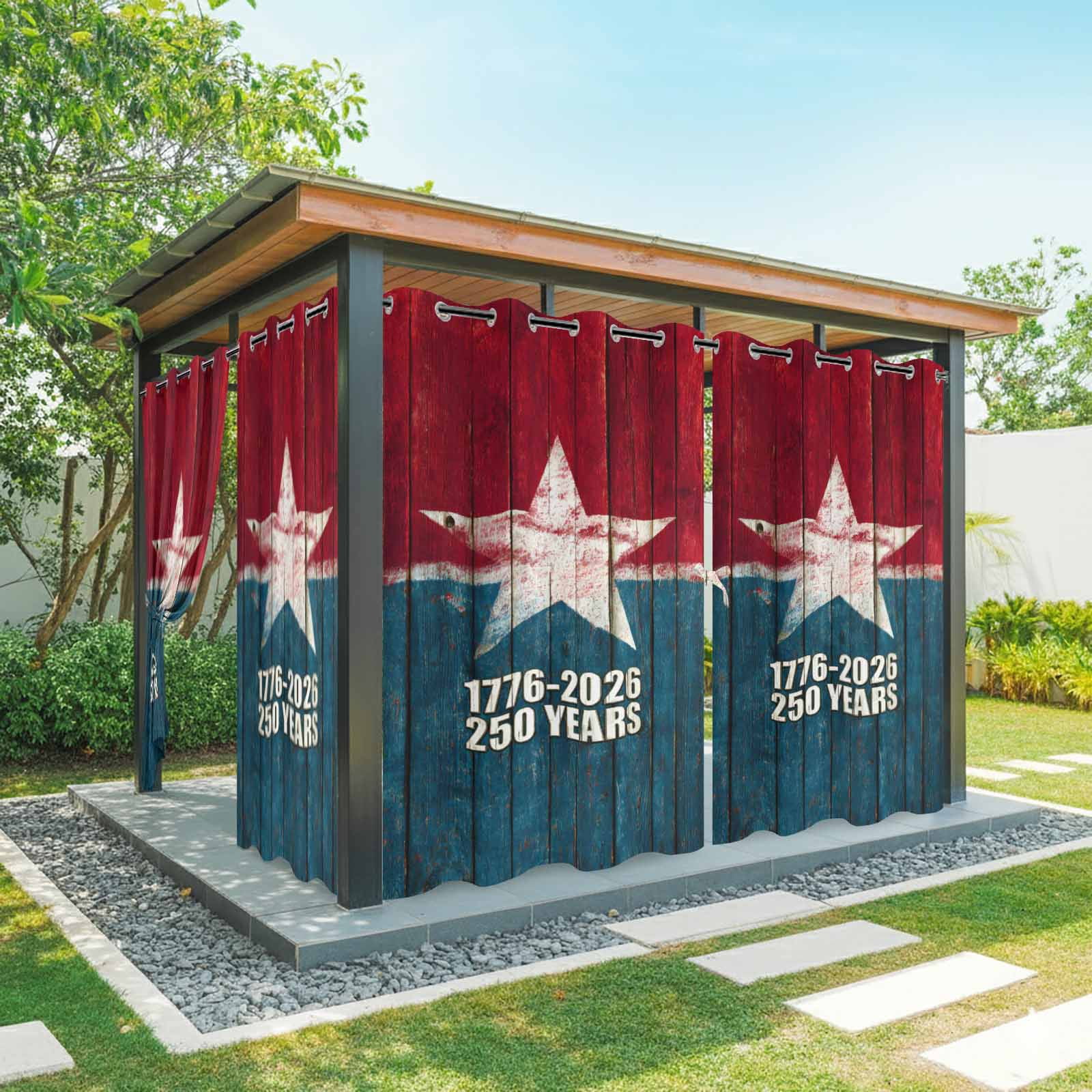 Years Independence Day Outdoor Curtains for Patio, USA Flag Retro Wood Grain Star Sunshade Privacy Drapes Grommet Waterproof Outside Curtains for Porch/Cabana/Balcony 54"x 108", 1 Panel
