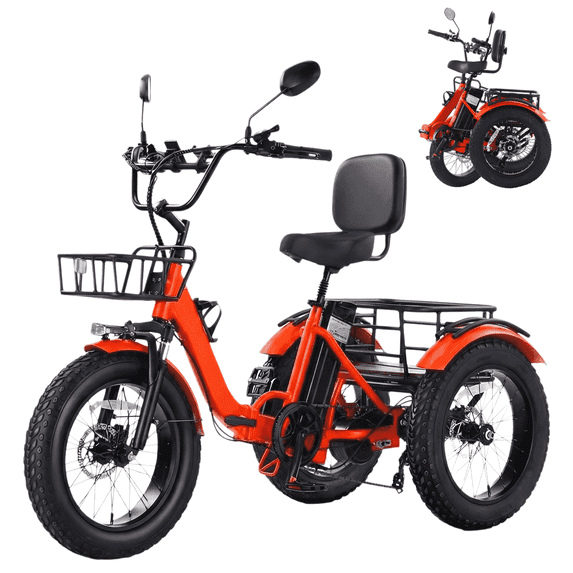 YEBEI Electric Tricycle for Adults Folding Electric Trike Peak 1350W Motor Etrike with 48V15.6Ah Battery 20MPH 20“ Fat Tires 3 Wheels 7 Speed Eletric Bike with Two Baskets Orange UL2849