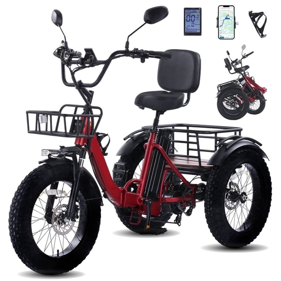 YEBEI Electric Tricycle for Adults Folding Folding Electric Trike Peak 1350W Motor Etrike with 48V15.6Ah Battery Differential 20MPH Pre-Assembled 90% 3 Wheels Eletric Bike with Two Baskets Red UL2849