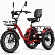 YEBEI Electric Tricycle for Adults Folding Folding Electric Trike Peak 1350W Motor Etrike with 48V15.6Ah Battery Differential 20MPH Pre-Assembled 90% 3 Wheels Eletric Bike with Two Baskets Red UL2849