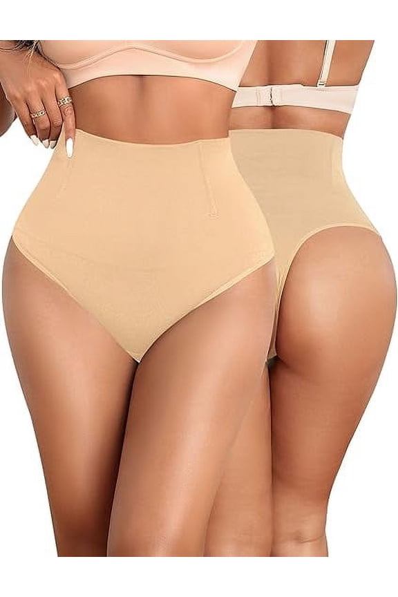 2 Pack Seamless Thong Shapewear for Women Tummy Control Body underwear High Waist Body Shaper Firm Control Panties Girdle Waist Trainer (Nude, XXXL)