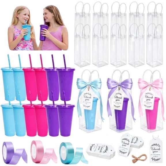 Yebo 12-Pack Music Theme 24oz Reusable Plastic Cups with Lids, Straws, and Gift Bags, Purple Party Favors