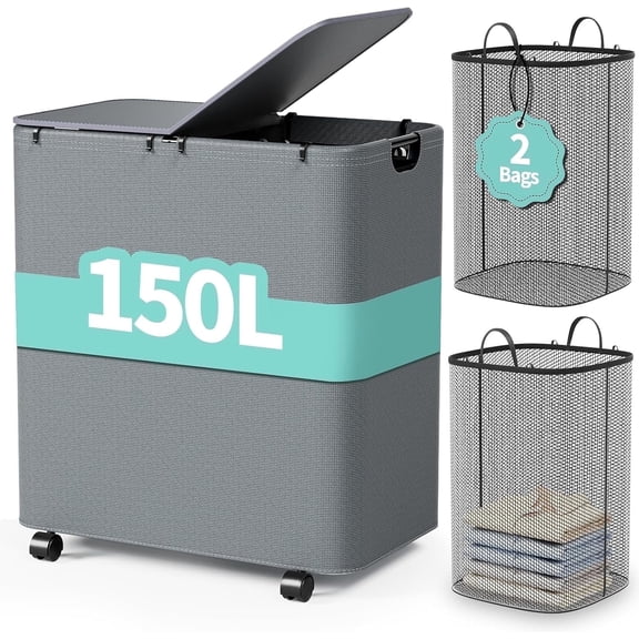 LazySpin 150L Laundry Hamper with Wheels Lids and 2 Removable Bags