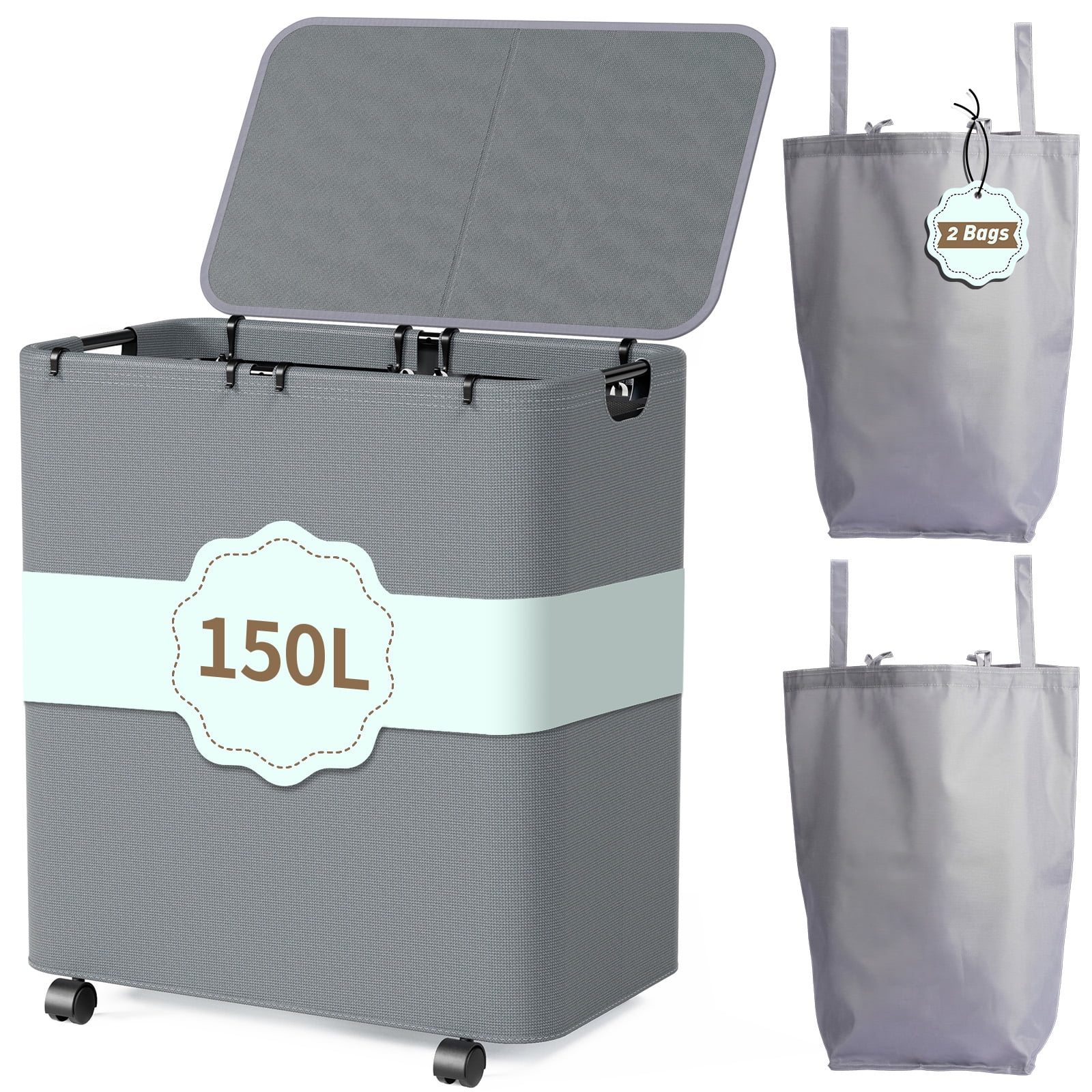 LazySpin 150L Laundry Hamper with Wheels Lids and 2 Removable Bags