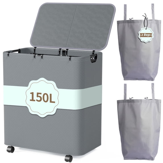 LazySpin 150L Laundry Hamper with Wheels Lids and 2 Removable Bags