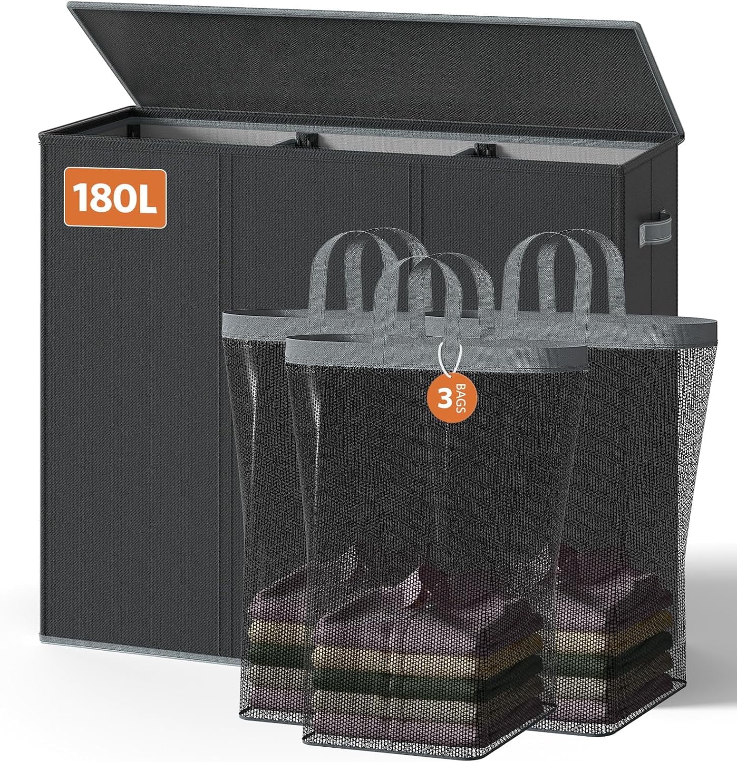 Yecaye 180L Large Hamper with Lid 3 Bins Laundry Hamper with Laundry Organizer Bag, Black