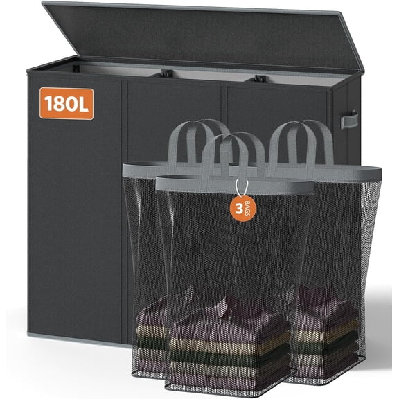 Yecaye 180L Large Hamper with Lid 3 Bins Laundry Hamper with Laundry Organizer Bag, Black