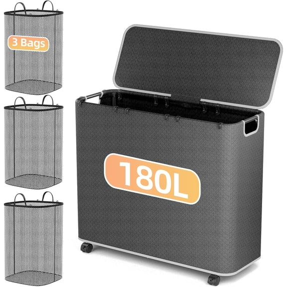Yecaye 180L Laundry Basket With Lid and Removable 3 Bags, Large Rolling Laundry Hamper with Lid, 3 Section Rolling Clothes Storage With Wheels, Clothes Hamper with Wheels For Laundry Room, Black