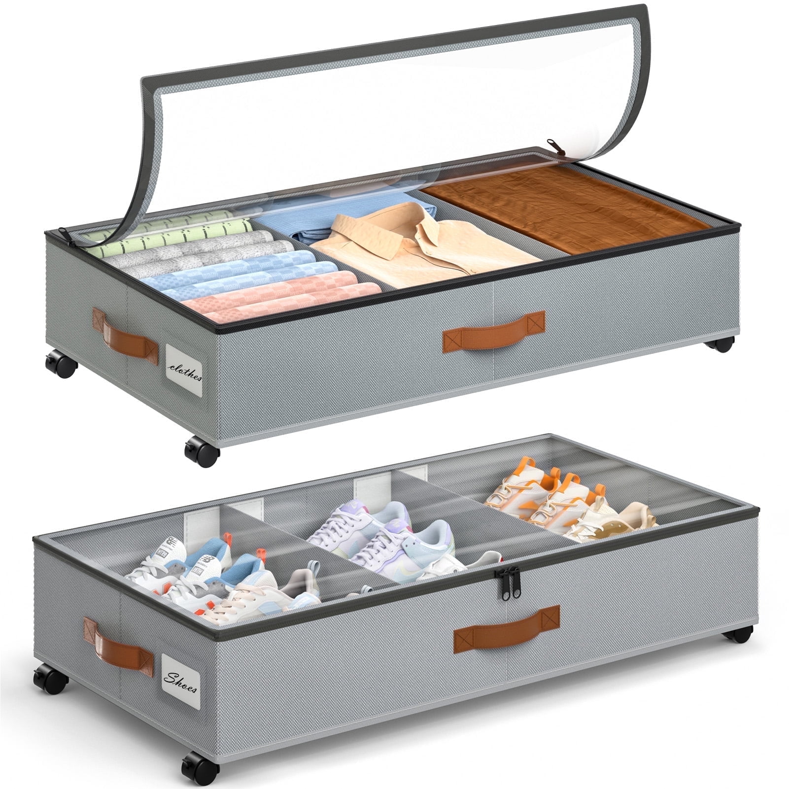 Yecaye 2-Pack Under Bed Storage Container Bins with Wheels and Divideders, Gray