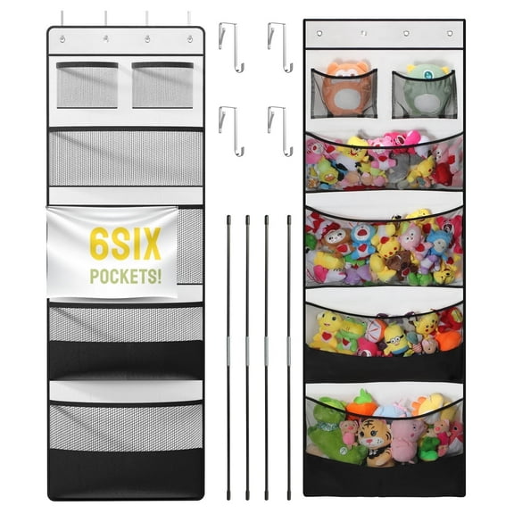 Yecaye 4-Shelf Over the Door Stuffed Animal Storage Hanging Organizer Net, 6-Pockets, Black, 1 Pack