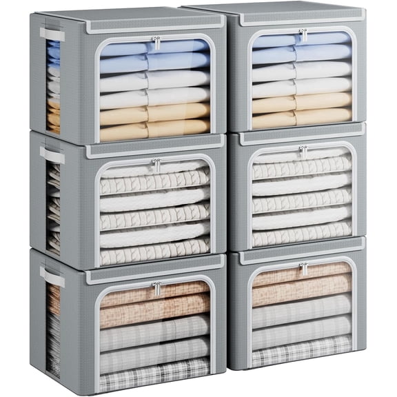 Yecaye 40L Linen Closet Storage Bins, Stackable Clothes Storage Bin with Lid and Metal Frame, 6 Pack