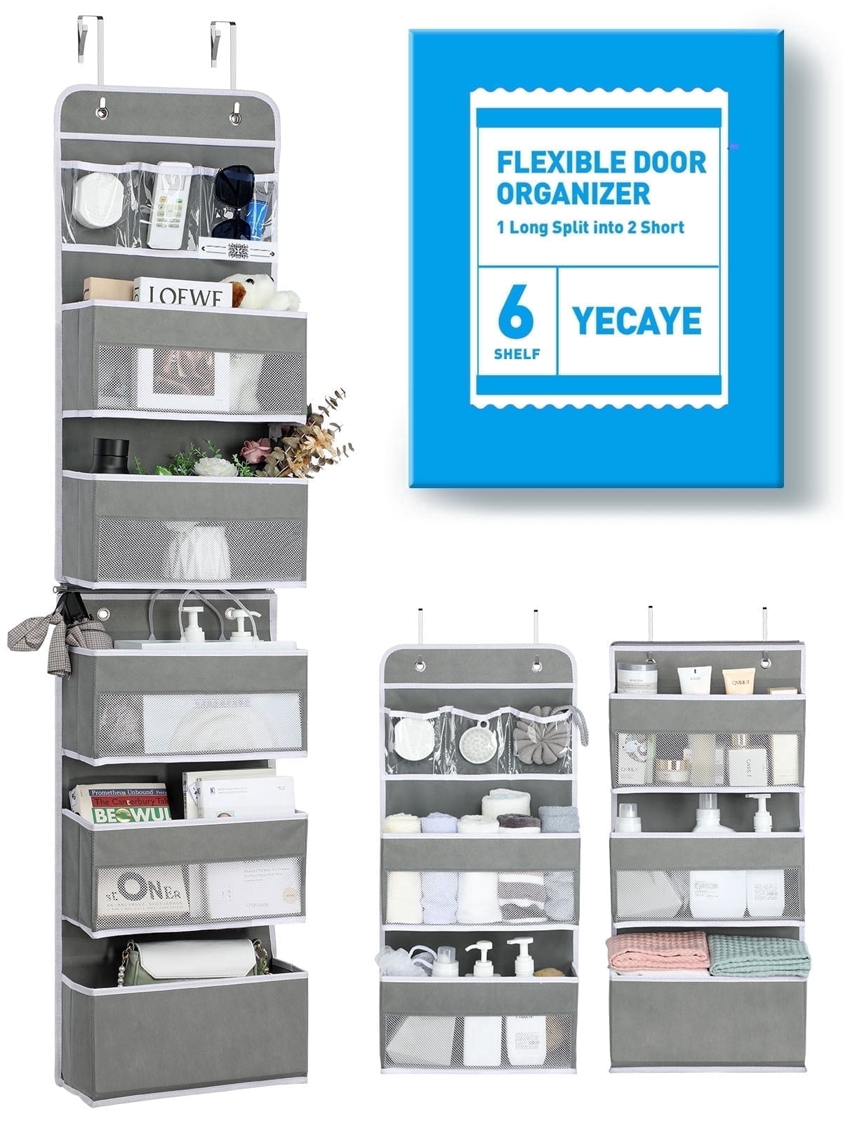 Yecaye 6-Tier Over the Door Storage Organizer, Flexible 1 Split into 2 Swing-proof Hanging Bathroom Storage, Gray