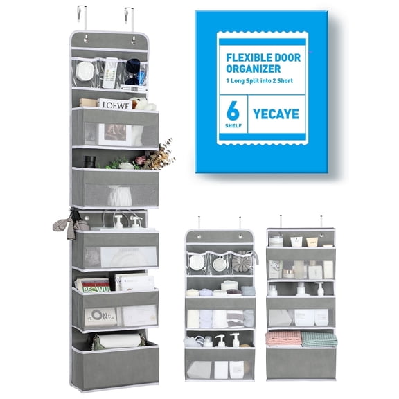 Yecaye 6-Tier Over the Door Storage Organizer, Flexible 1 Split into 2 Swing-proof Hanging Bathroom Storage, Gray