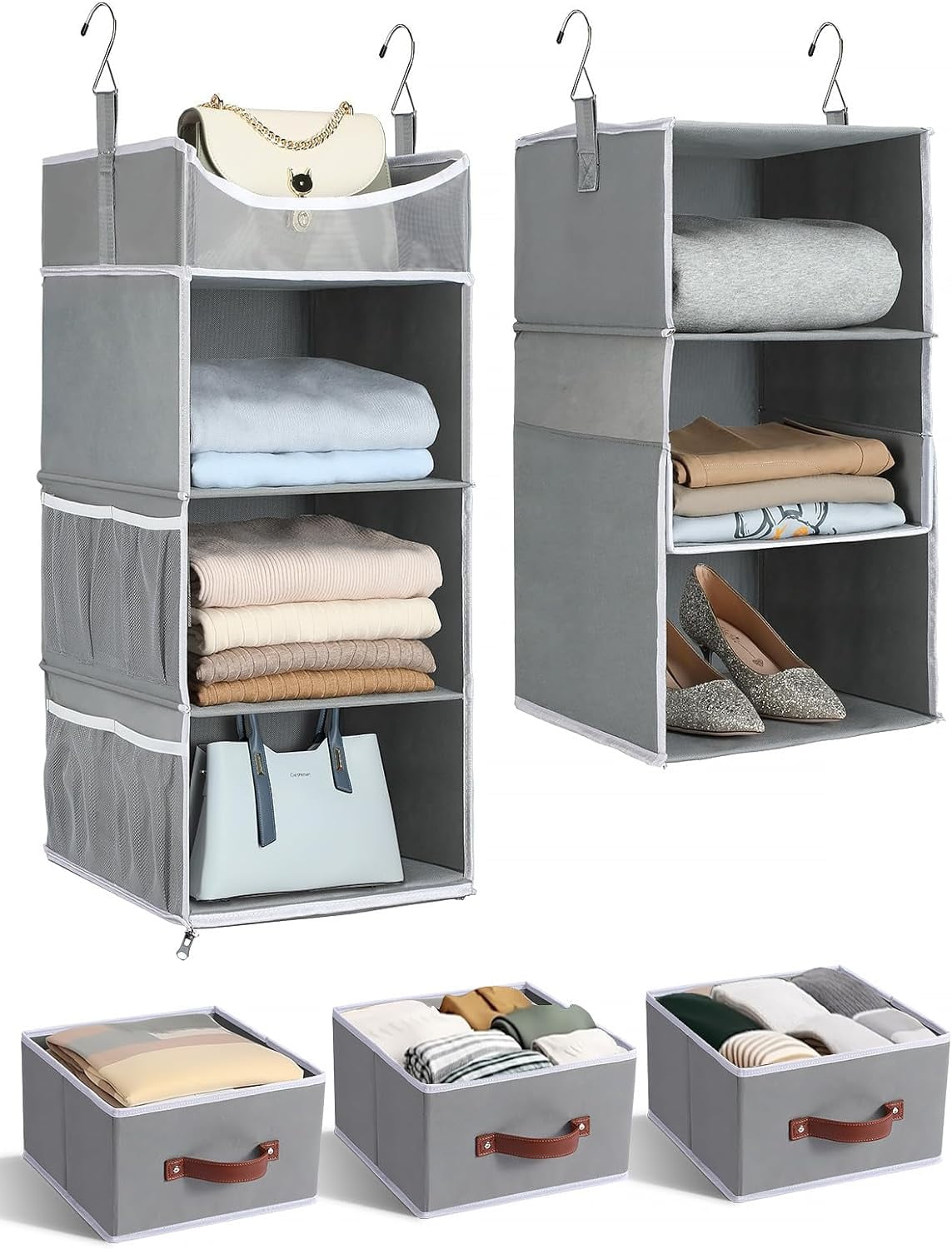Hanging Closet Organizer, 3-Shelf Hanging Closet Shelves with Top Shelf,  12 W x 12 D x 35 ¼ H, Extra-Large Space, Gray and Whit