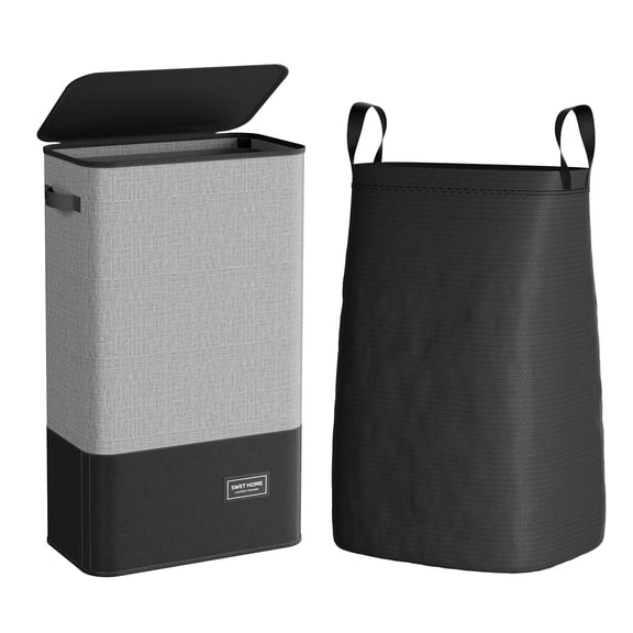 Yecaye 75L Clothes Hamper with Lid, Slim Laundry Basket with Removable Bag, Gray&Black