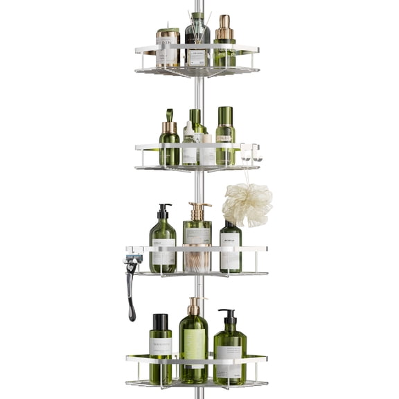 Yecaye Shower Caddy Tension Pole, 4-Shelf Corner Shower Organizer, Sliver