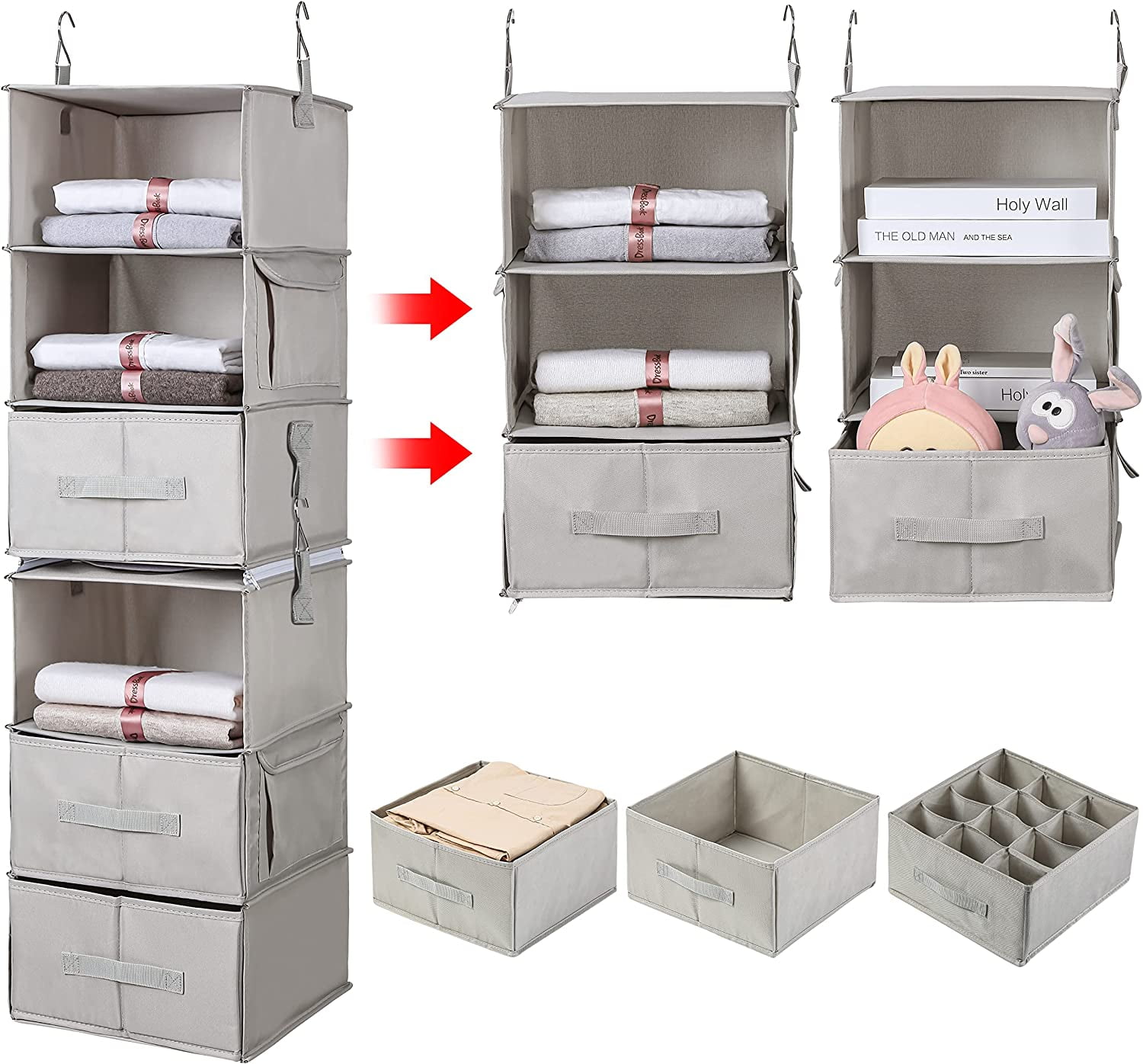 Smirly Hanging Closet Organizer Shelves. Grey 6 Shelf Closet Storage with 5 Clothes Organizer Drawers and Purpose Made