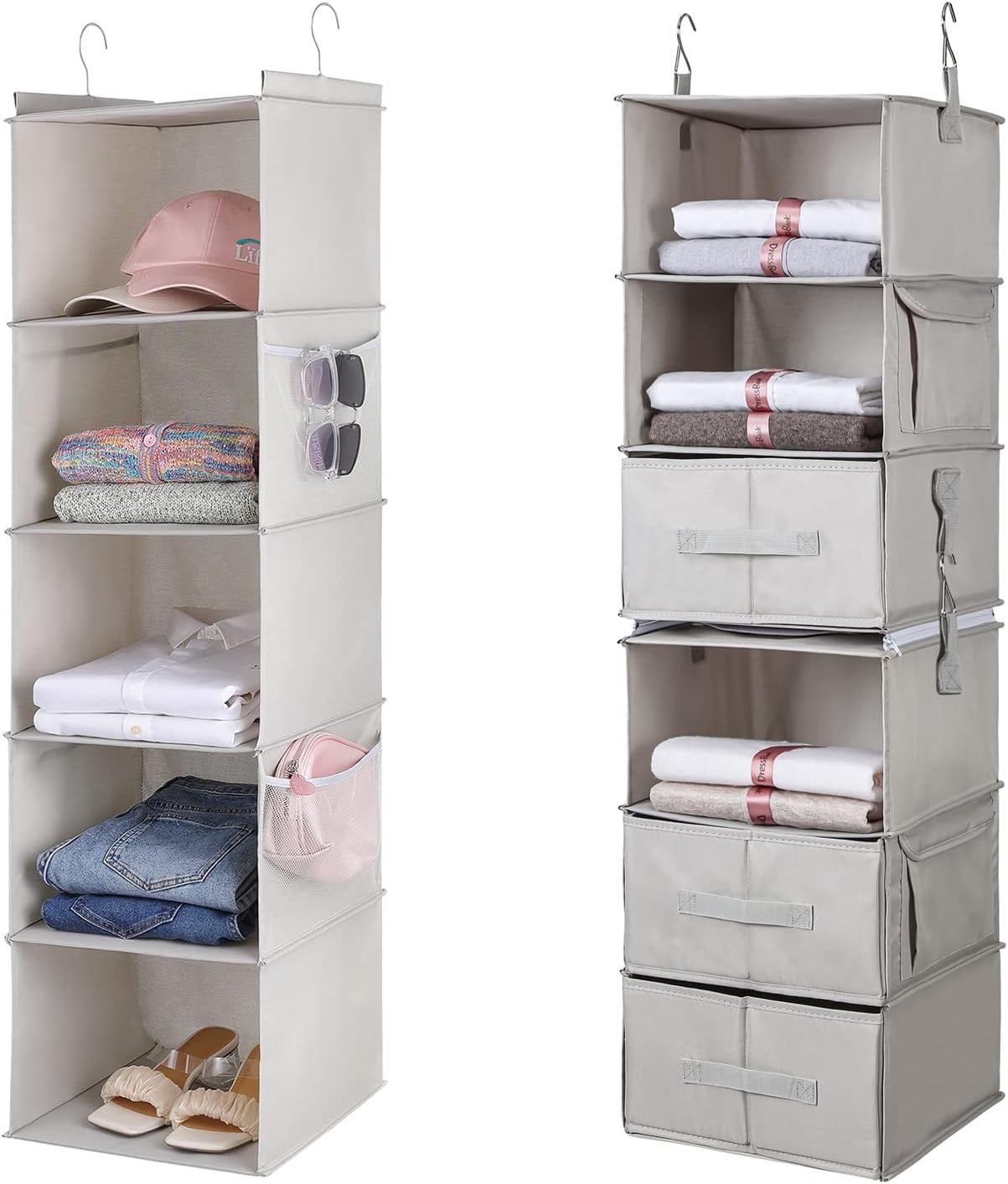 Yecaye Upgraded 7-Shelf Hanging Closet Organizers and Storage with 3  Drawers 4 Side Pockets, 2 Flexible 3-Shelf Closet Organizer System, Clothes