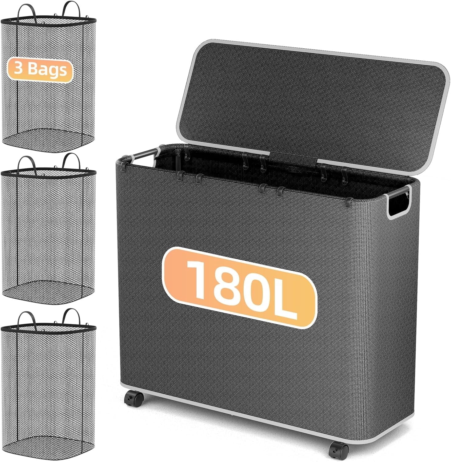 Yecaye Large Rolling 3 Section 3 Bins Laundry Hamper with Lid & Removable 3 Bags, Black