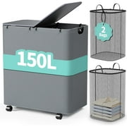 Yecaye Laundry Hamper with Wheels, 150L Large Laundry Basket with Lid & 2 Removable Bags