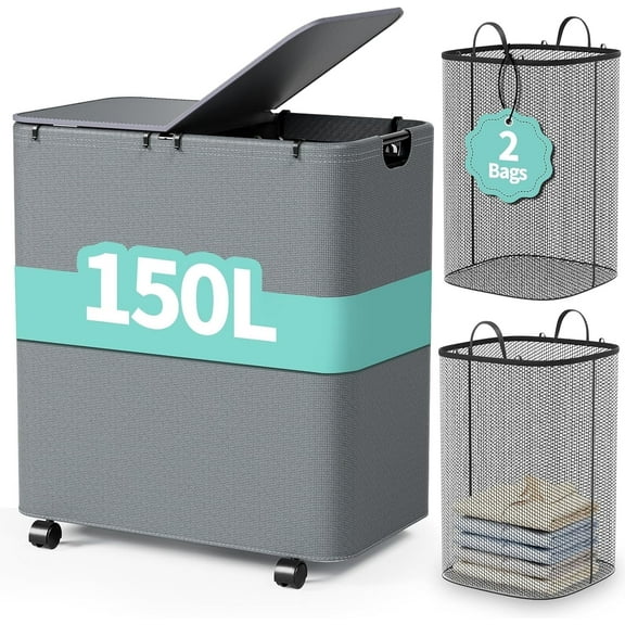 Yecaye Laundry Hamper with Wheels, 150L Large Laundry Basket with Lid & 2 Removable Bags