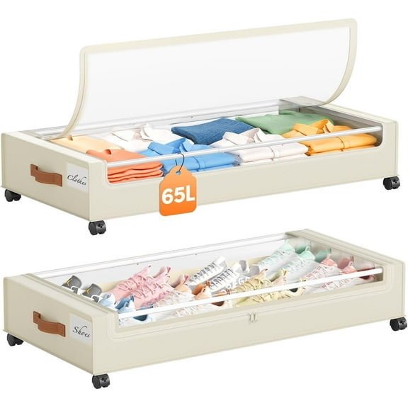 Yecaye Under Bed Storage with Wheels, 2 Pack Rolling Under Bed Storage Containers, Beige