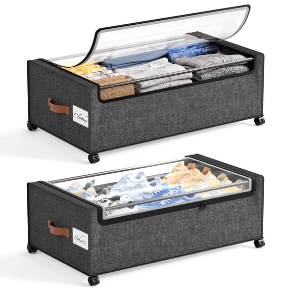 Yecaye 95L Under Bed Storage with Wheels, 2 Pack Large Storage Container Bins with Lids for Clothes, Gray