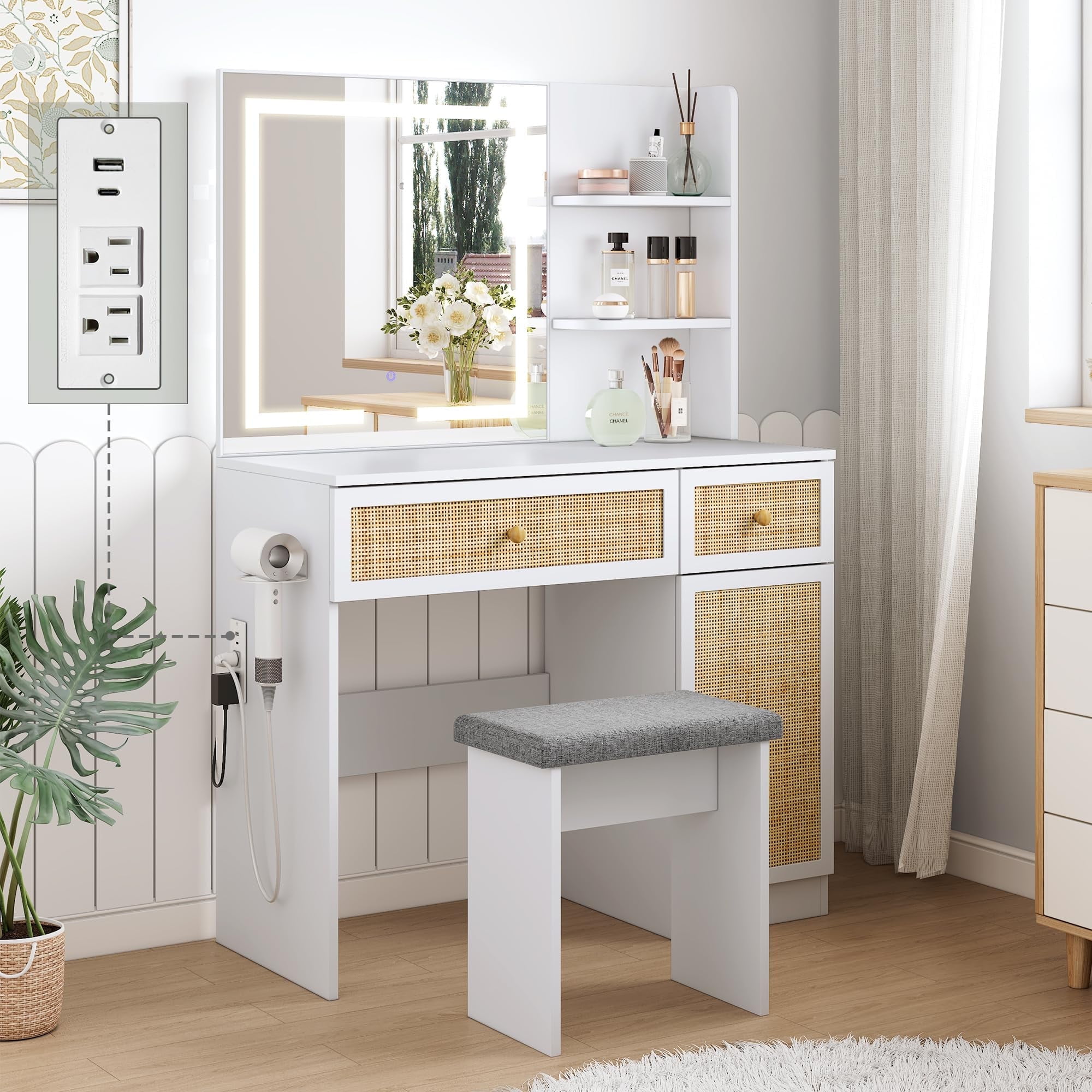 brafabhome 35" Boho Makeup Vanity Table with LED Lighted Mirror & Power Strip, White Dressing ...