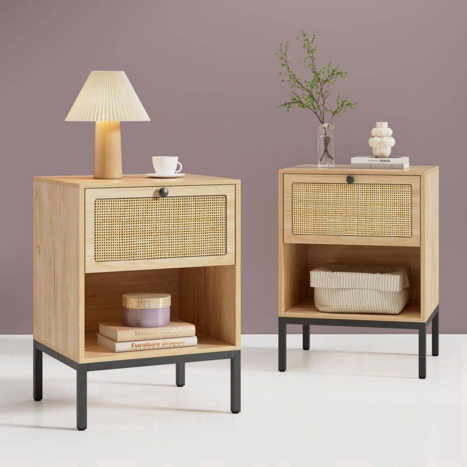 Brafabhome Rattan Nightstands with Drawer, Modern Bedside Tables with Open Storage Shelf for Bedroom, Accent Sofa End Table with Steel Legs for Living Room, Set of 2 | Nature