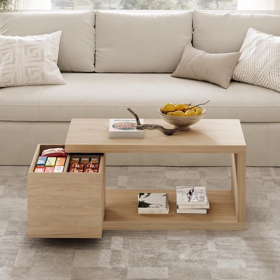 Yechen Modern Coffee Table with Hidden Storage, 1.4" Thick Long Expandable Rotating Coffee Table, Wood Rectangle Cocktail Table for Living Room,Natural
