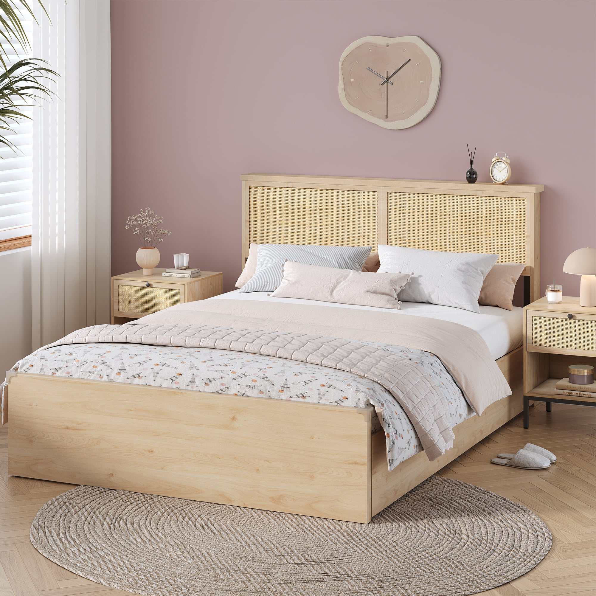 Yechen Queen Bed Frame With Natural Rattan Headboard And Wooden 4 ...