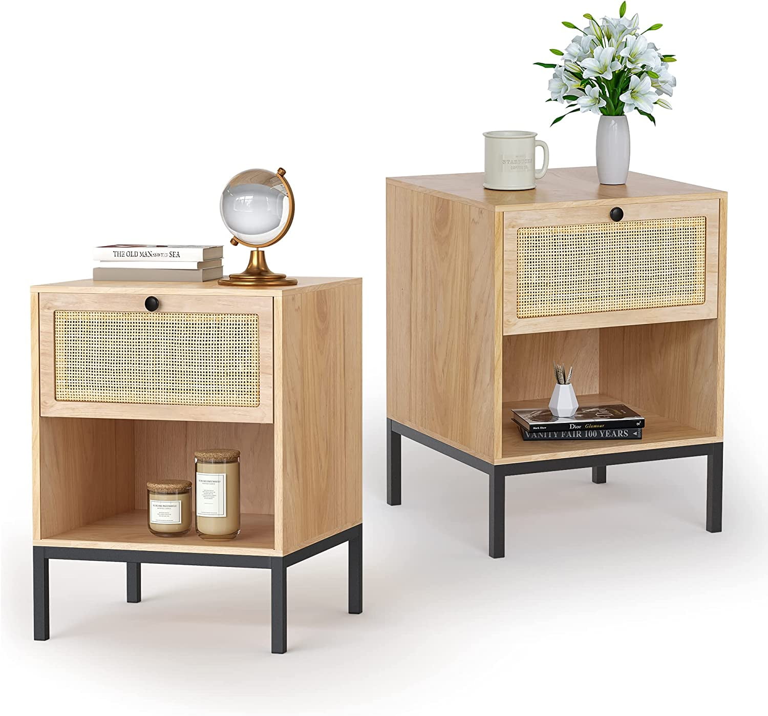 Natural Rattan and MDF Nightstand with Metal Legs, Set of 2