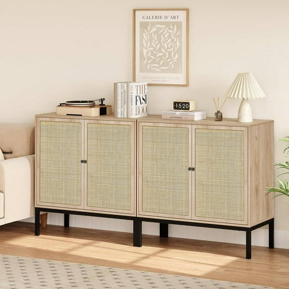 Brafabhome Boho Rattan Sideboard Storage Cabinet, 4 Doors Modern Buffet Cabinet with Storage Shelf for Living Room, Dining Room, Entryway, Kitchen | Beige