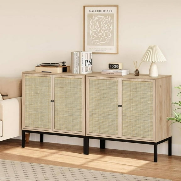 Brafabhome Boho Rattan Sideboard Storage Cabinet, 4 Doors Modern Buffet Cabinet with Storage Shelf for Living Room, Dining Room, Entryway, Kitchen | Beige