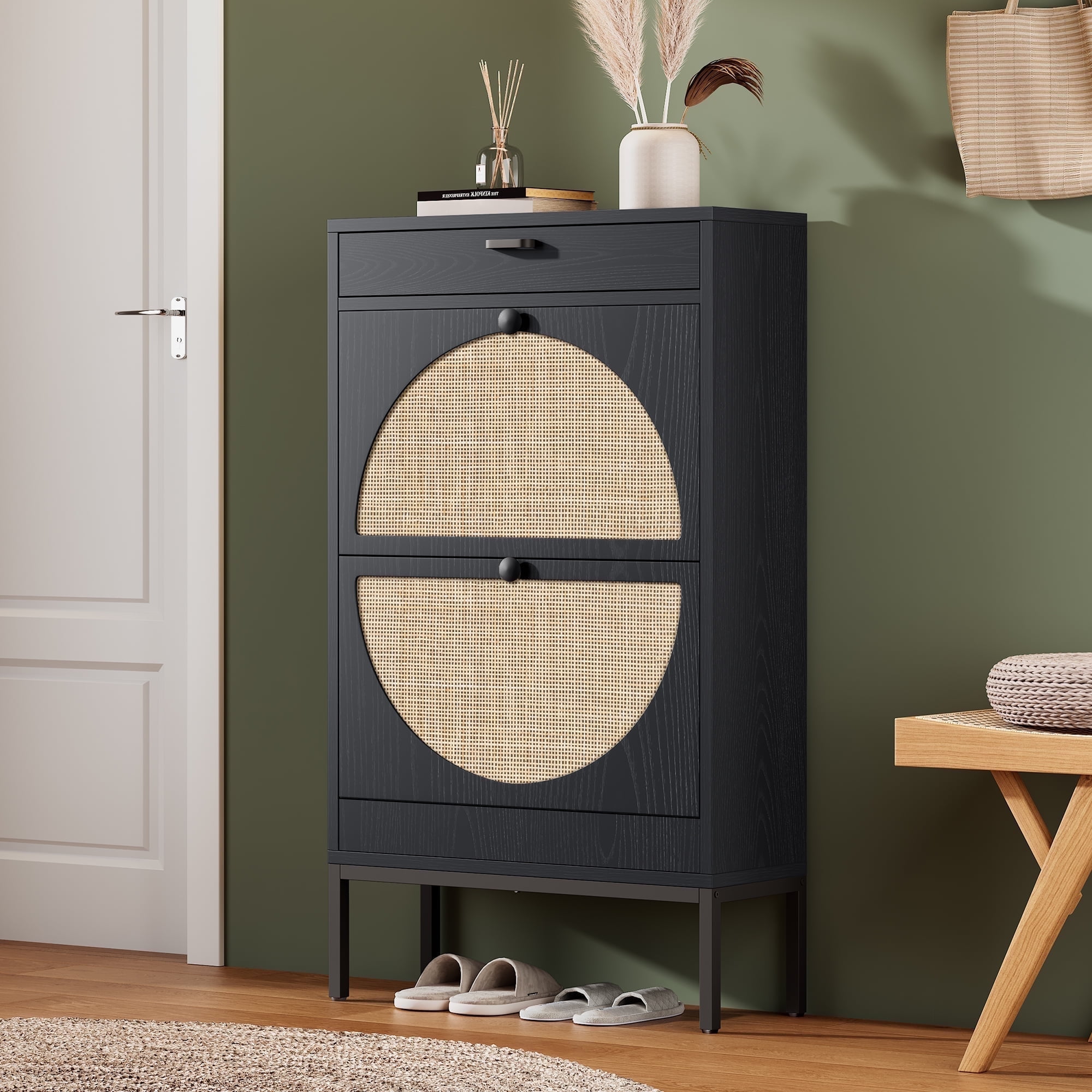 Brafabhome Rattan Slim Shoe Cabinet with 2 Flip Drawers, Freestanding Entryway Shoe Storage Holder with Shelves and Sturdy Metal Legs | 12 Pairs