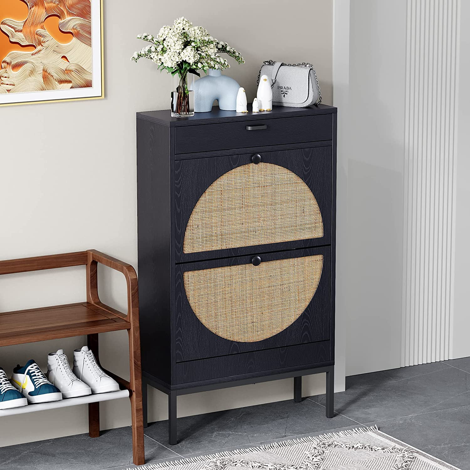 Show Rack For Slippers Yechen Shoe Rack Storage Organizer with 2 Natural Semi-Circular Rattan ...