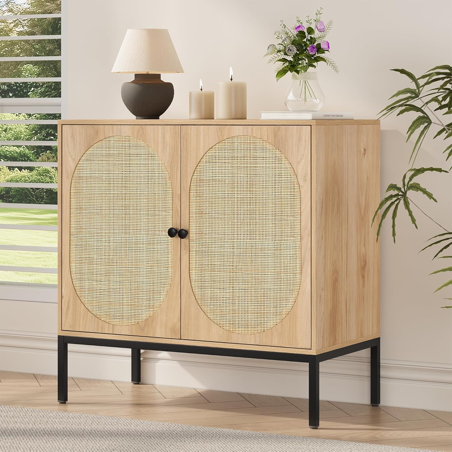 VOWNER Rattan Storage Cabinet - 31.5"W Buffet Sideboard With Rattan Doors, For Living Room, Entryway, Hallway