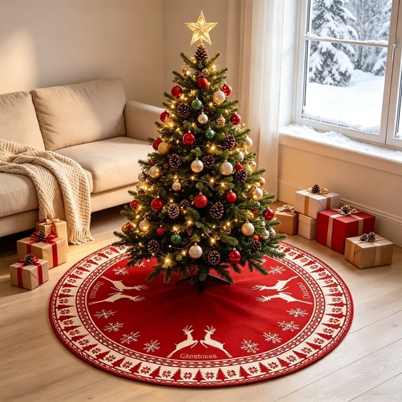 Yeciiwht 35.4in Christmas Tree Skirt – Snowflake Reindeer Print Tree Base Cover, Soft Tree Collar Ornament Mat for Holiday & Party Decor