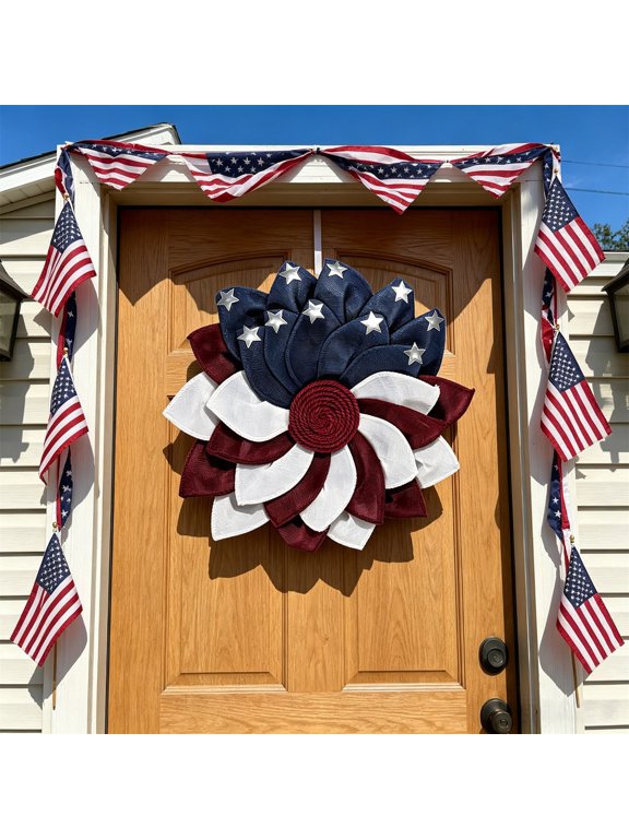 45cm USA Independence Day Front Door Wreath – Red White Blue Patriotic Flower Wreath for Home Garden Porch 4th of July Memorial Day Decor