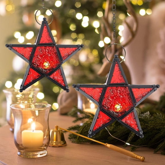 Yeciiwht Candle Holder Five Pointed Star Windproof Candlestick Iron Stained Glass Wind Lamp Retros Candlestick Holiday Decoration