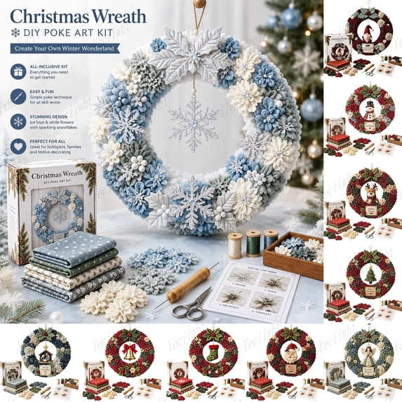 Yeciiwht Christmas 3D Fabric Poke Wreath DIY Kit – Christmas Wreath DIY Kit for Adults Teens, Handmade Festive Wall Hanging Decor(Snowflake)