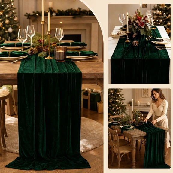 Yeciiwht Christmas Table Runner, 10FT Dark Green Velvet Table Runner for Christmas, Farmhouse Holiday Table Decor for Dining Table Wedding Party