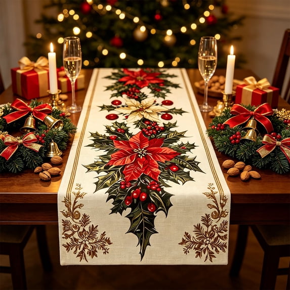 Yeciiwht Christmas Table Runner, Classic Linen Table Runner with Christmas Themed Print, Washable Xmas Table Cover for Dining Table Holiday Kitchen