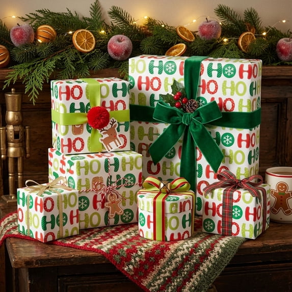 Yeciiwht Christmas Wrapping Paper Roll, 118in Xmas Themed Pattern Gift Wrapping Paper Thick Kraft Papers Christmas Decorations Holiday Party Supplies