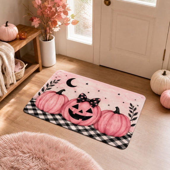 Yeciiwht Cute Girly Halloween Entry Mat – 15.75x23.62in Pink Pumpkin Ghost Decorative Doormat, Washable Indoor Floor Rug with Non-Slip Backing